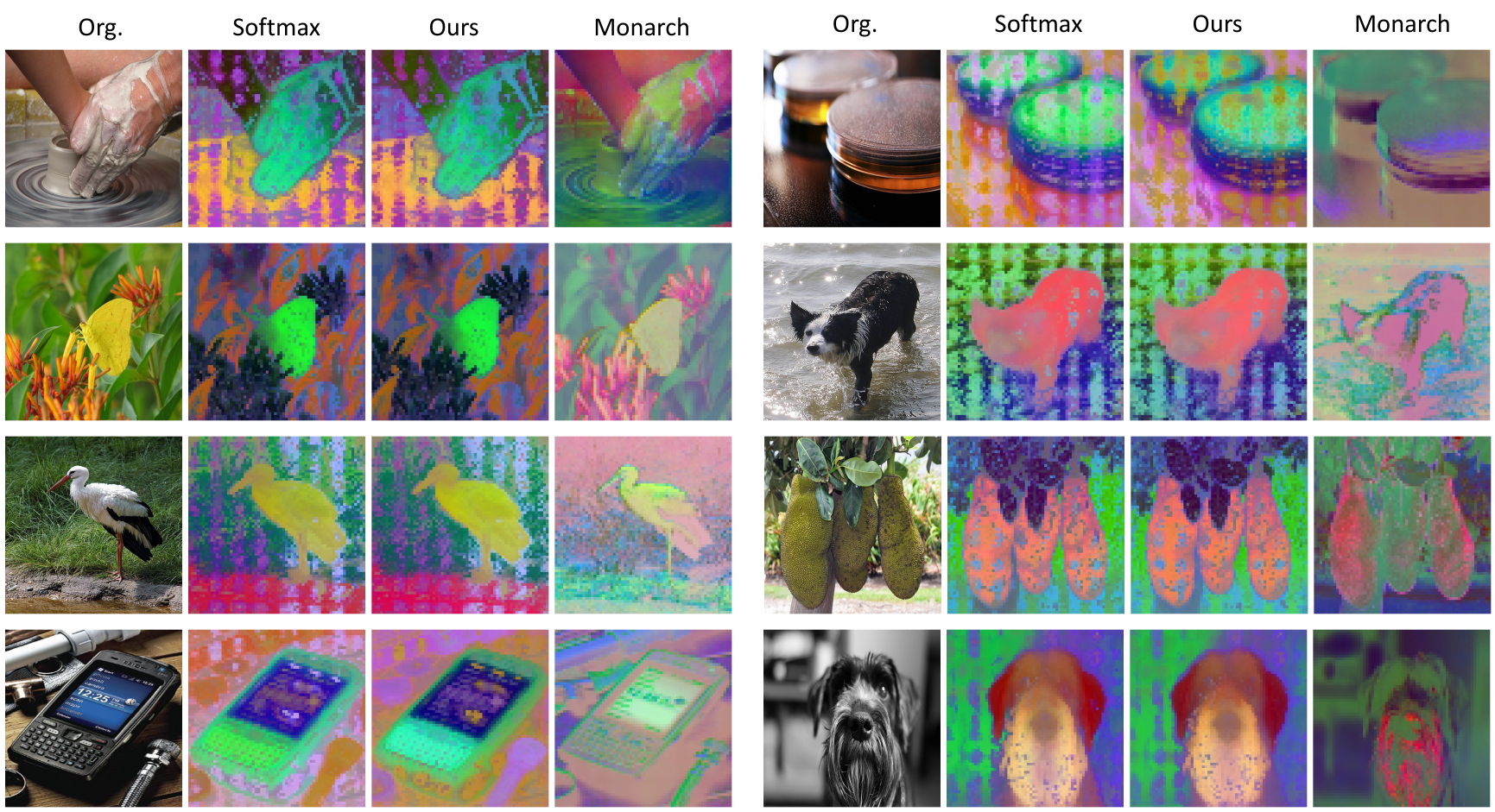 PCA-projected feature maps from the softmax DINOv2-L teacher, ViT-AdaLA, and Monarch attention.